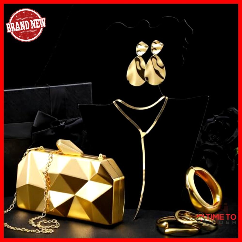 Gold Acrylic Clutch Purse Jewelry Set with Bracelet Necklace Earrings - Picture 6 of 7